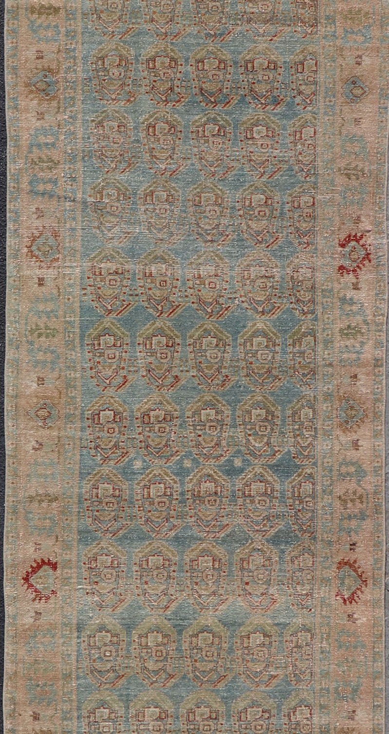 Measures: 3'8 x 16'7 Antique Persian Malayer Runner with Paisley Design in Light Blue Background. Keivan Woven Arts / rug EN - 4652, country of origin / type: Iran / Malayer, circa 1920. This antique Persian Malayer Gallery runner relies heavi... - Keivan Woven ArtsEN - 4652 - 22944Rug