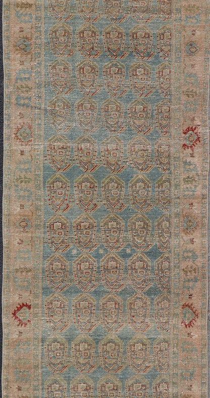 Measures: 3'8 x 16'7 Antique Persian Malayer Runner with Paisley Design in Light Blue Background. Keivan Woven Arts / rug EN - 4652, country of origin / type: Iran / Malayer, circa 1920. This antique Persian Malayer Gallery runner relies heavi... - Keivan Woven ArtsEN - 4652 - 22944Rug