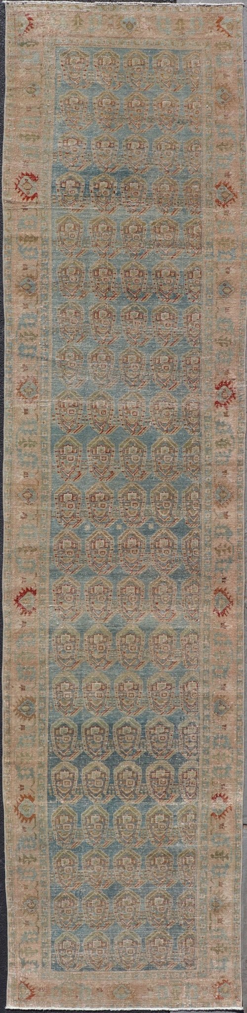Measures: 3'8 x 16'7 Antique Persian Malayer Runner with Paisley Design in Light Blue Background. Keivan Woven Arts / rug EN - 4652, country of origin / type: Iran / Malayer, circa 1920. This antique Persian Malayer Gallery runner relies heavi... - Keivan Woven ArtsEN - 4652 - 22944Rug