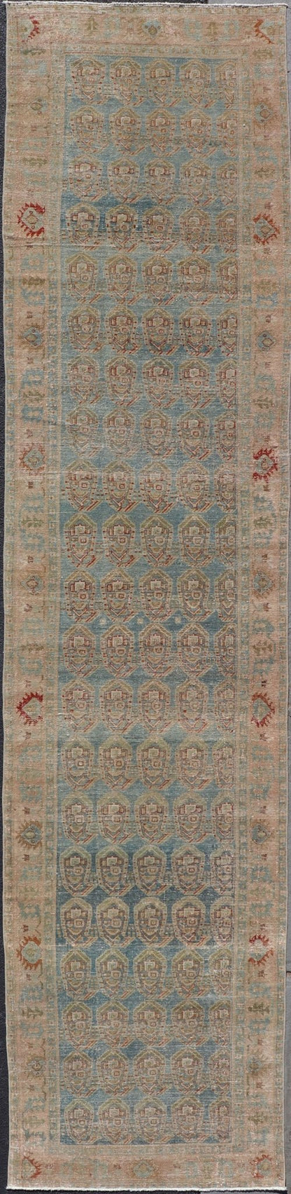 Measures: 3'8 x 16'7 Antique Persian Malayer Runner with Paisley Design in Light Blue Background. Keivan Woven Arts / rug EN - 4652, country of origin / type: Iran / Malayer, circa 1920. This antique Persian Malayer Gallery runner relies heavi... - Keivan Woven ArtsEN - 4652 - 22944Rug