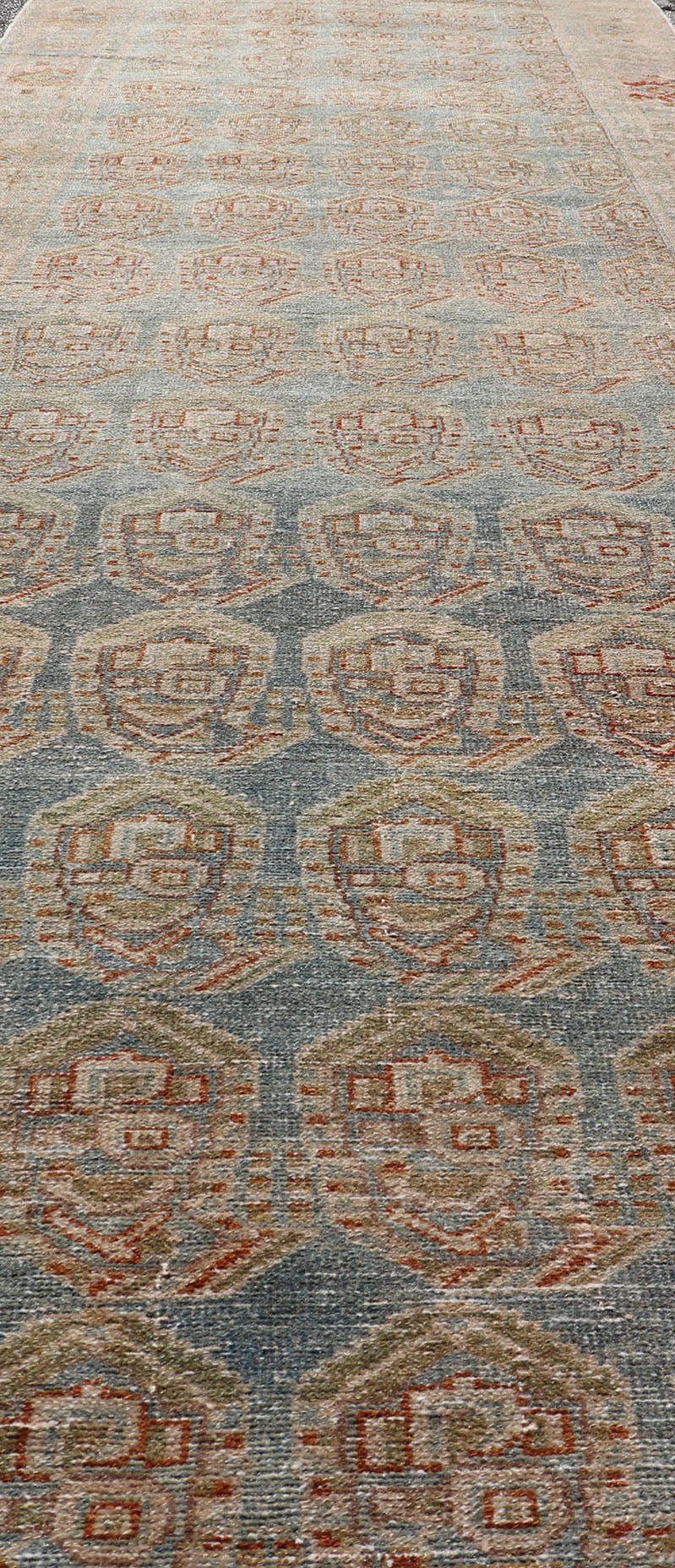 Measures: 3'8 x 16'7 Antique Persian Malayer Runner with Paisley Design in Light Blue Background. Keivan Woven Arts / rug EN - 4652, country of origin / type: Iran / Malayer, circa 1920. This antique Persian Malayer Gallery runner relies heavi... - Keivan Woven ArtsEN - 4652 - 22944Rug