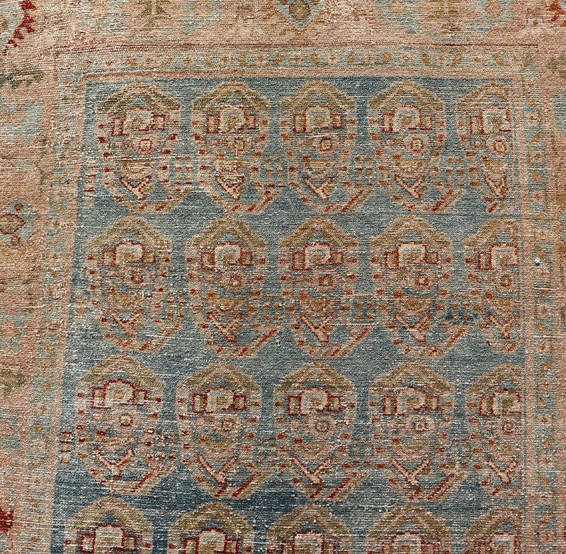 Measures: 3'8 x 16'7 Antique Persian Malayer Runner with Paisley Design in Light Blue Background. Keivan Woven Arts / rug EN - 4652, country of origin / type: Iran / Malayer, circa 1920. This antique Persian Malayer Gallery runner relies heavi... - Keivan Woven ArtsEN - 4652 - 22944Rug