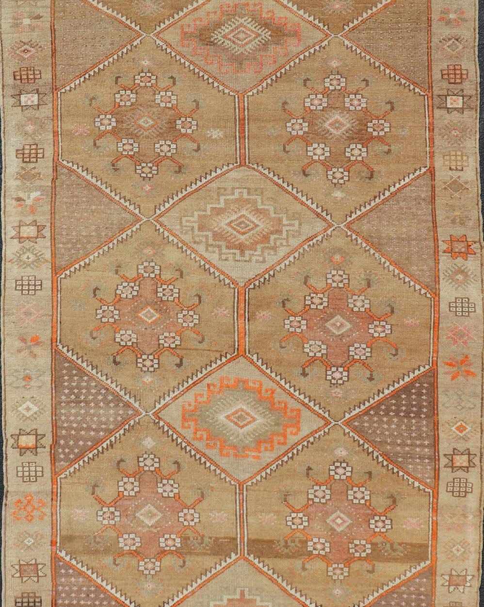 Vintage Turkish Kars Gallery Runner in Brown Color, Tan, Taupe and Orange. Keivan Woven Arts rug EN - 4655, country of origin / type: Turkey / Kars, circa 1950 Measures: 5'9 x 13'4 This vintage gallery runner features an assortment of tribal and g... - Keivan Woven ArtsEN - 4655 - 17436Rug