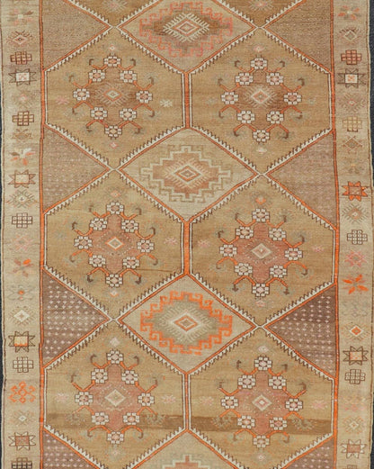 Vintage Turkish Kars Gallery Runner in Brown Color, Tan, Taupe and Orange. Keivan Woven Arts rug EN - 4655, country of origin / type: Turkey / Kars, circa 1950 Measures: 5'9 x 13'4 This vintage gallery runner features an assortment of tribal and g... - Keivan Woven ArtsEN - 4655 - 17436Rug