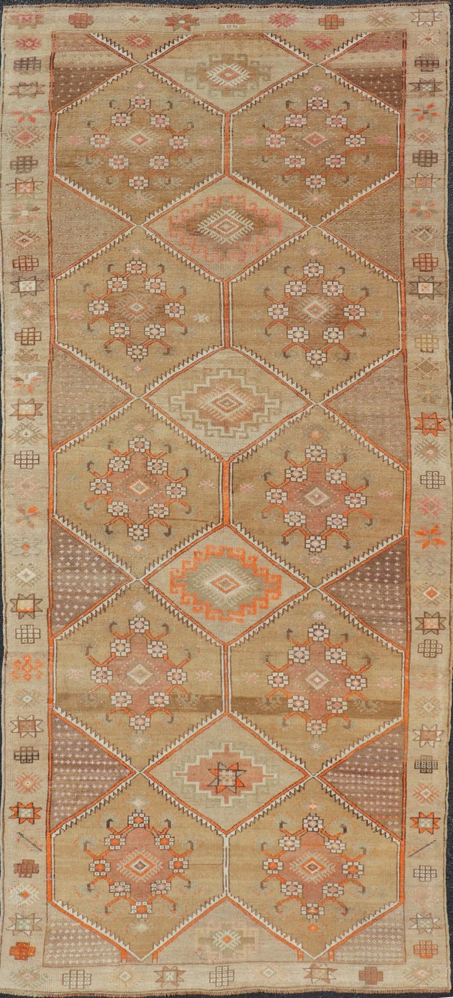 Vintage Turkish Kars Gallery Runner in Brown Color, Tan, Taupe and Orange. Keivan Woven Arts rug EN - 4655, country of origin / type: Turkey / Kars, circa 1950 Measures: 5'9 x 13'4 This vintage gallery runner features an assortment of tribal and g... - Keivan Woven ArtsEN - 4655 - 17436Rug