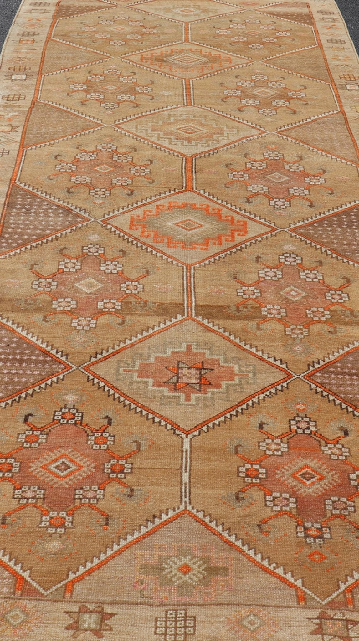 Vintage Turkish Kars Gallery Runner in Brown Color, Tan, Taupe and Orange. Keivan Woven Arts rug EN - 4655, country of origin / type: Turkey / Kars, circa 1950 Measures: 5'9 x 13'4 This vintage gallery runner features an assortment of tribal and g... - Keivan Woven ArtsEN - 4655 - 17436Rug