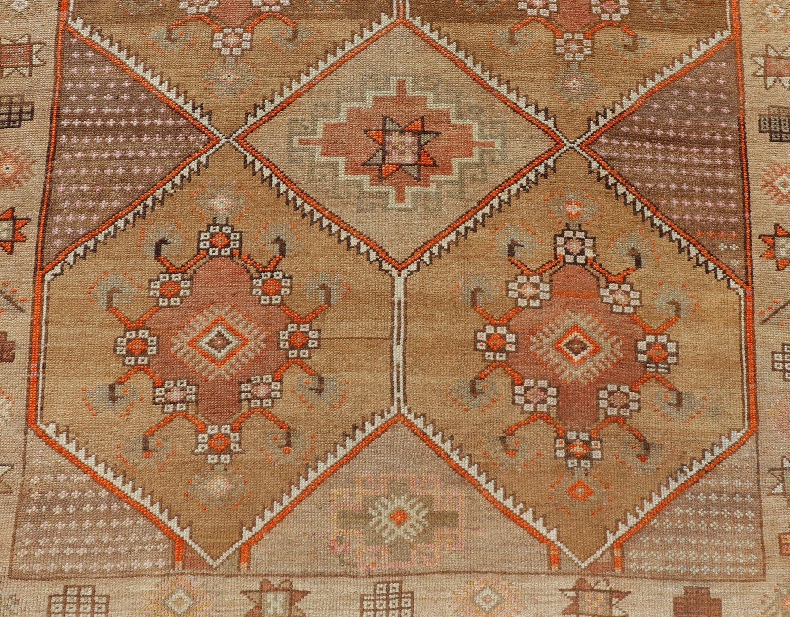 Vintage Turkish Kars Gallery Runner in Brown Color, Tan, Taupe and Orange. Keivan Woven Arts rug EN - 4655, country of origin / type: Turkey / Kars, circa 1950 Measures: 5'9 x 13'4 This vintage gallery runner features an assortment of tribal and g... - Keivan Woven ArtsEN - 4655 - 17436Rug