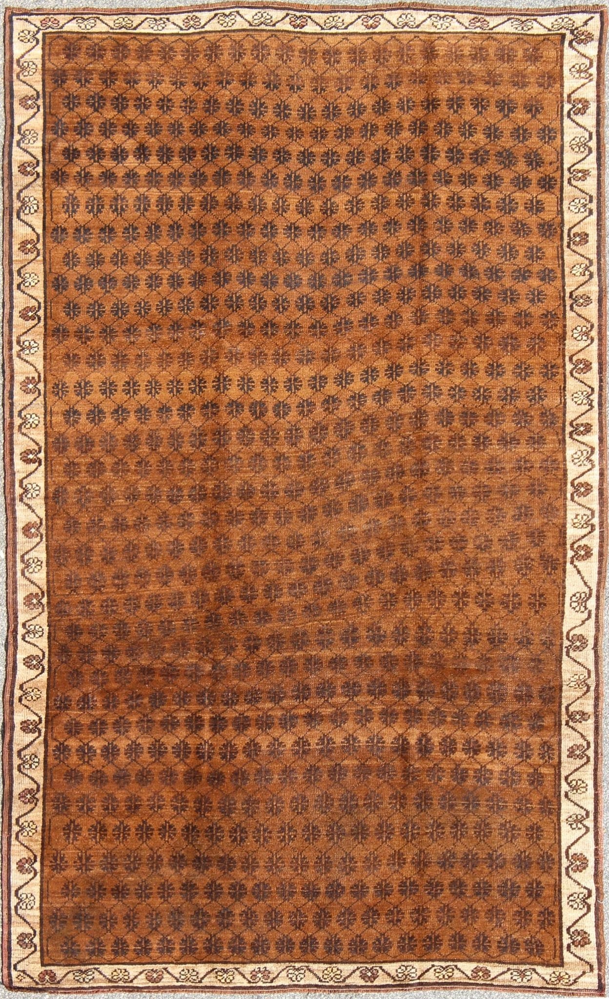Vintage Turkish Kars rug with modern Latticework pattern in shades of brown, Keivan Woven Arts / rug EN - 480, country of origin / type: Turkey / Oushak, circa mid - 20th century. Set on a brown field with an all - over modern/Mid - Century Modern patte... - Keivan Woven ArtsEN - 480 - 6608Rug