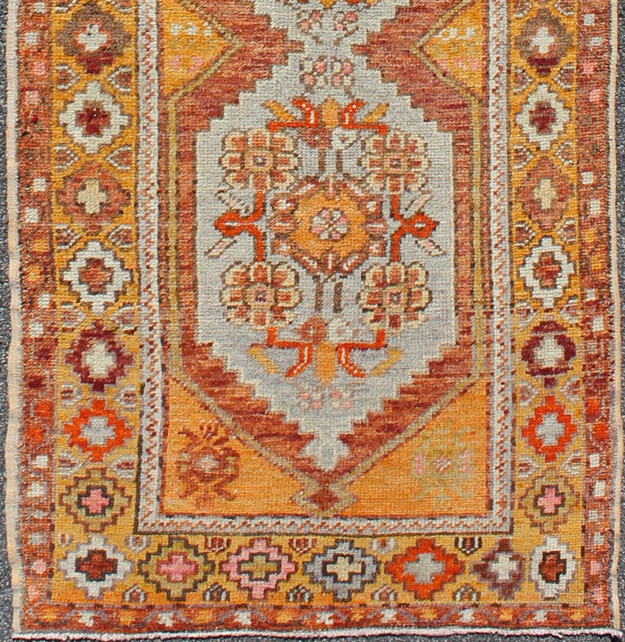 Colorful Antique Oushak Runner with Four Medallions in Yellow, Red, Green, Gray, rug en - 486, country of origin / type: turkey / Oushak, circa 1930s This beautiful antique Oushak runner from early 20th century turkey features a classic Oushak des... - Keivan Woven ArtsEN - 486 - 3407Rug