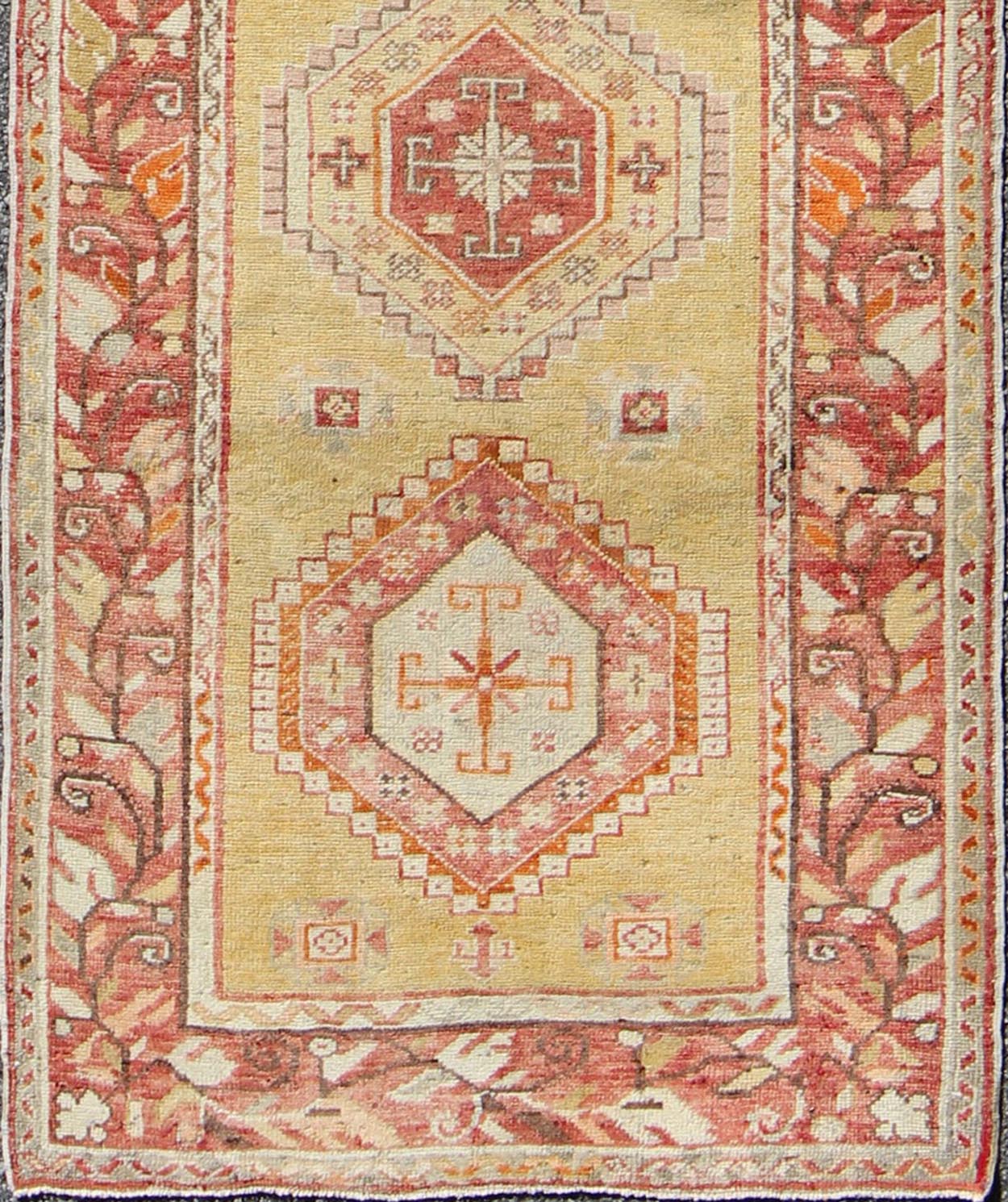 Keivan Woven Arts, En - 498, antique Turkish Oushak Runner This magnificent antique Turkish Oushak displays a glorious coloration paired with superlative geometric design. The delightful hues of yellow, coral, ivory and brown work together to for... - Keivan Woven ArtsEN - 498 - 3802Rug