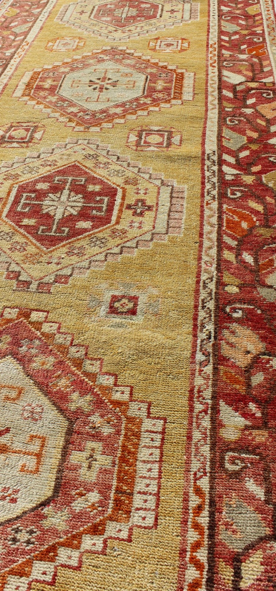 Keivan Woven Arts, En - 498, antique Turkish Oushak Runner This magnificent antique Turkish Oushak displays a glorious coloration paired with superlative geometric design. The delightful hues of yellow, coral, ivory and brown work together to for... - Keivan Woven ArtsEN - 498 - 3802Rug