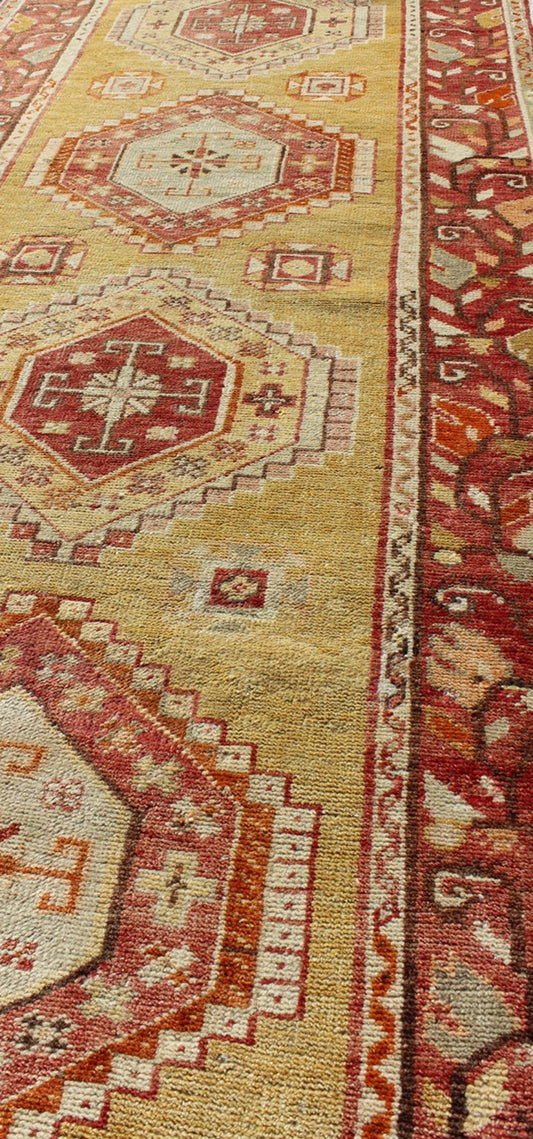Keivan Woven Arts, En - 498, antique Turkish Oushak Runner This magnificent antique Turkish Oushak displays a glorious coloration paired with superlative geometric design. The delightful hues of yellow, coral, ivory and brown work together to for... - Keivan Woven ArtsEN - 498 - 3802Rug