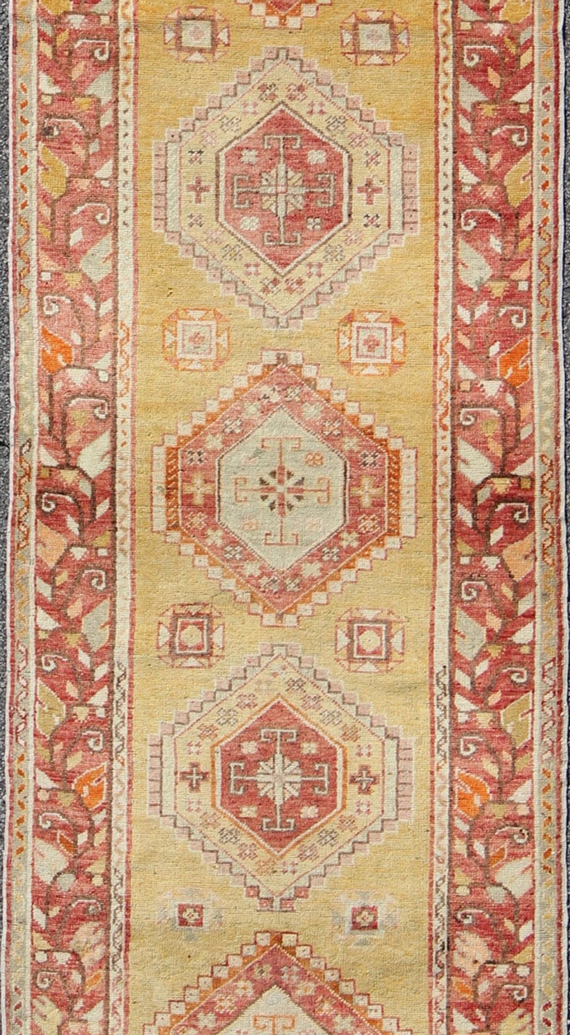Keivan Woven Arts, En - 498, antique Turkish Oushak Runner This magnificent antique Turkish Oushak displays a glorious coloration paired with superlative geometric design. The delightful hues of yellow, coral, ivory and brown work together to for... - Keivan Woven ArtsEN - 498 - 3802Rug