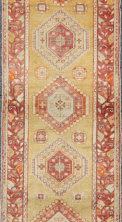 Keivan Woven Arts, En - 498, antique Turkish Oushak Runner This magnificent antique Turkish Oushak displays a glorious coloration paired with superlative geometric design. The delightful hues of yellow, coral, ivory and brown work together to for... - Keivan Woven ArtsEN - 498 - 3802Rug