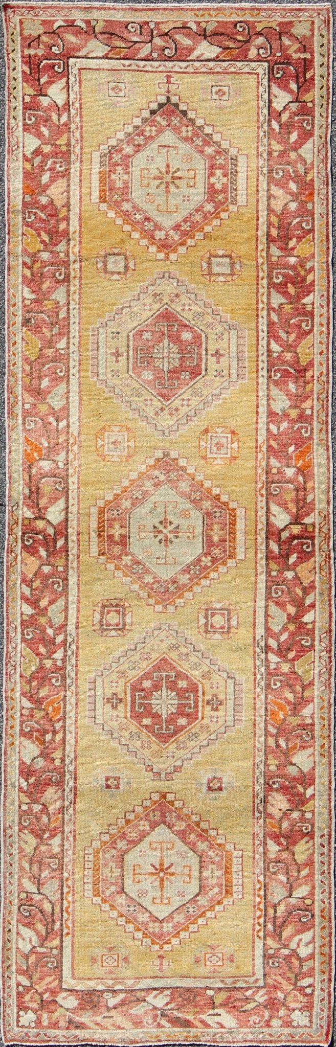 Keivan Woven Arts, En - 498, antique Turkish Oushak Runner This magnificent antique Turkish Oushak displays a glorious coloration paired with superlative geometric design. The delightful hues of yellow, coral, ivory and brown work together to for... - Keivan Woven ArtsEN - 498 - 3802Rug