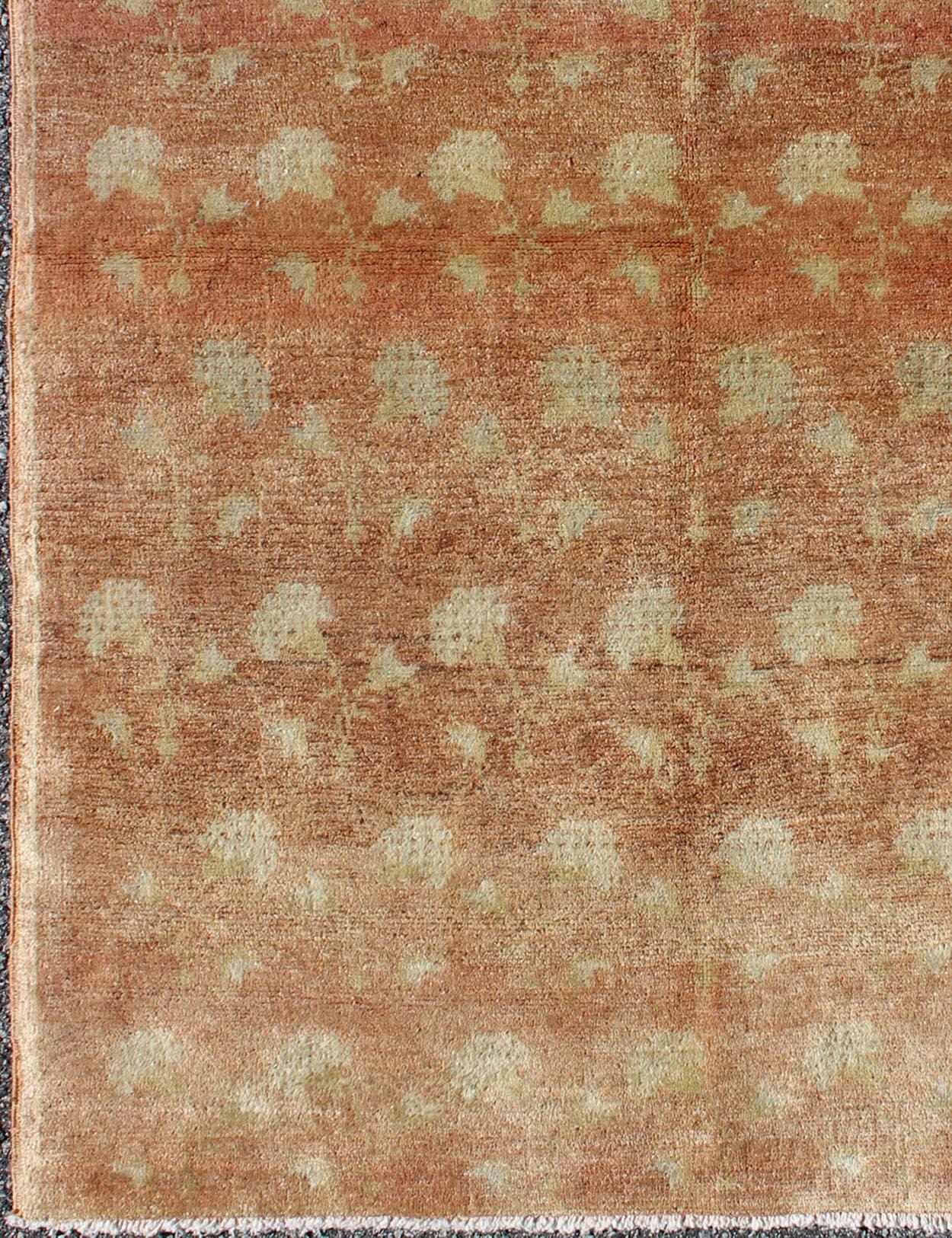 Vintage Turkish Konya Rug with All - Over Rose Design in Tangerine & light green Colors. Keivan Woven Arts/ Rug/ EN - 507, Country/type/ Konya Rug, vintage Turkish rug. Measures: 3'7 x 5'4. This vintage Konya rug, from central Anatolia, poss... - Keivan Woven ArtsEN - 507 - 4422Rug