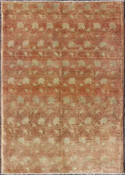 Vintage Turkish Konya Rug with All - Over Rose Design in Tangerine & light green Colors. Keivan Woven Arts/ Rug/ EN - 507, Country/type/ Konya Rug, vintage Turkish rug. Measures: 3'7 x 5'4. This vintage Konya rug, from central Anatolia, poss... - Keivan Woven ArtsEN - 507 - 4422Rug