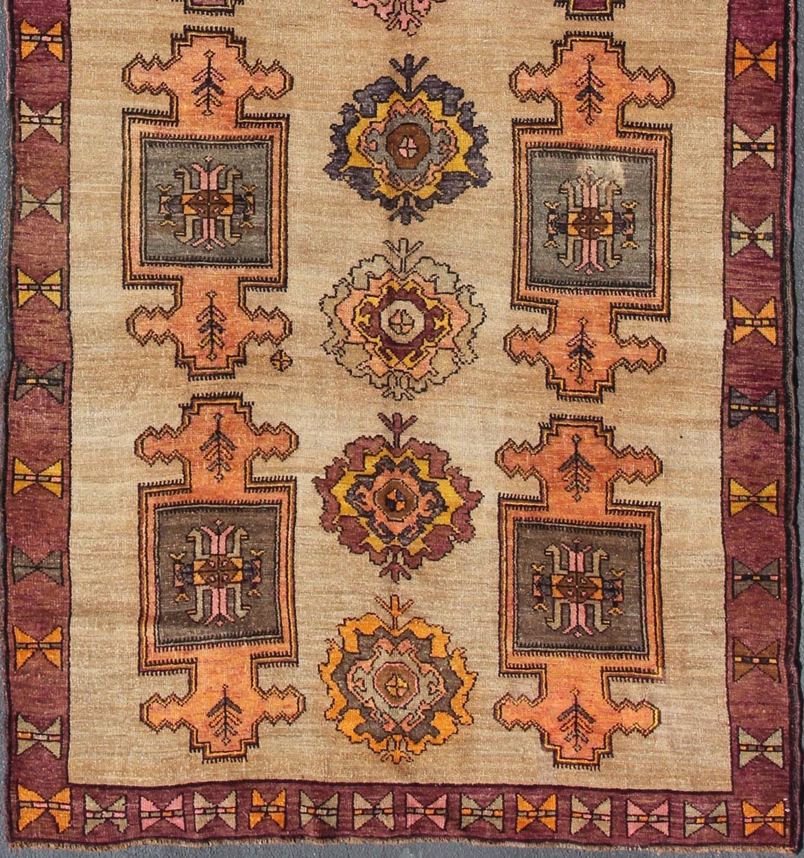 Vintage Turkish Oushak runner with all - over geometric design in tan, orange, pink, yellow, purple and gray, rug en - 508, country of origin / type: Turkey / Oushak, circa mid - 20th century This Turkish Oushak runner features an all - over pattern of ... - Keivan Woven ArtsEN - 508 - 4830Rug