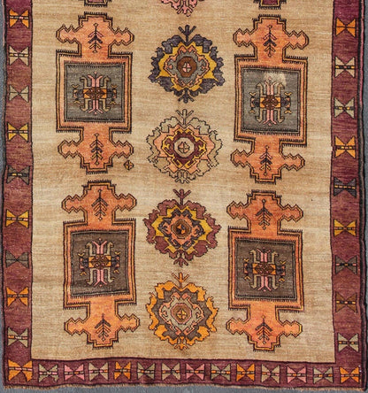 Vintage Turkish Oushak runner with all - over geometric design in tan, orange, pink, yellow, purple and gray, rug en - 508, country of origin / type: Turkey / Oushak, circa mid - 20th century This Turkish Oushak runner features an all - over pattern of ... - Keivan Woven ArtsEN - 508 - 4830Rug