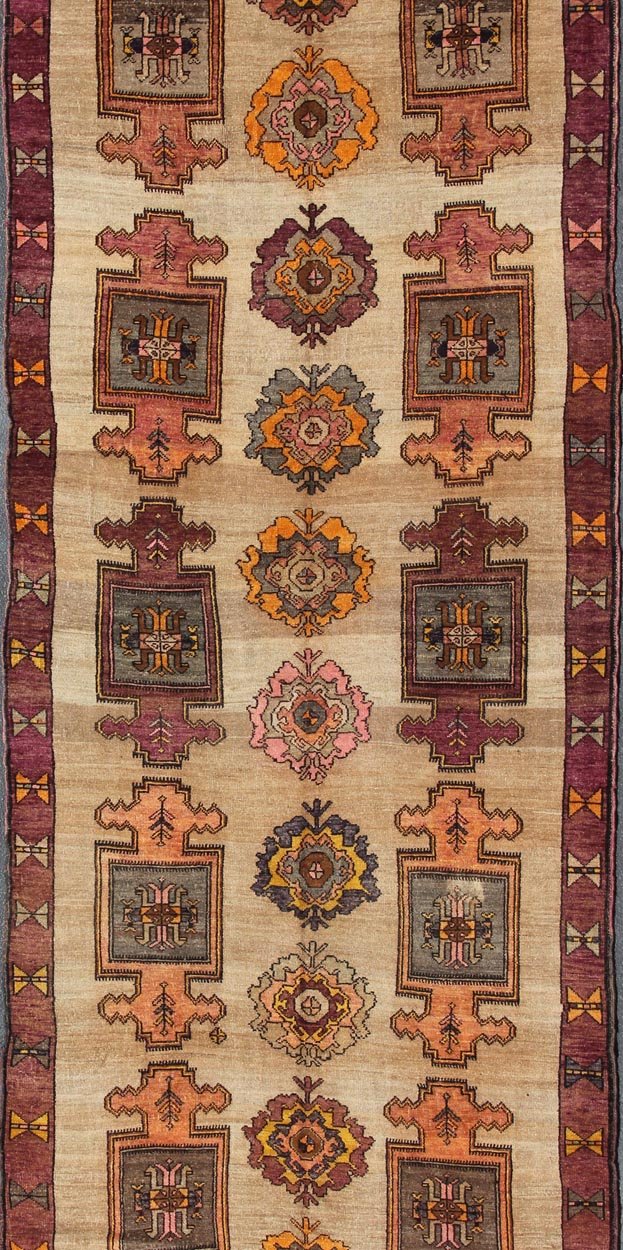 Vintage Turkish Oushak runner with all - over geometric design in tan, orange, pink, yellow, purple and gray, rug en - 508, country of origin / type: Turkey / Oushak, circa mid - 20th century This Turkish Oushak runner features an all - over pattern of ... - Keivan Woven ArtsEN - 508 - 4830Rug