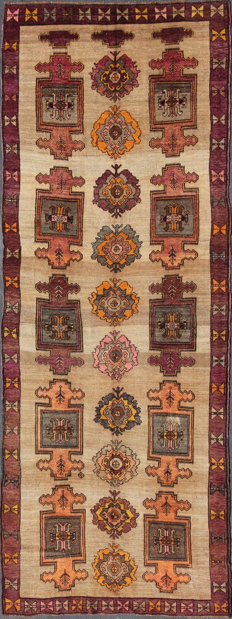Vintage Turkish Oushak runner with all - over geometric design in tan, orange, pink, yellow, purple and gray, rug en - 508, country of origin / type: Turkey / Oushak, circa mid - 20th century This Turkish Oushak runner features an all - over pattern of ... - Keivan Woven ArtsEN - 508 - 4830Rug