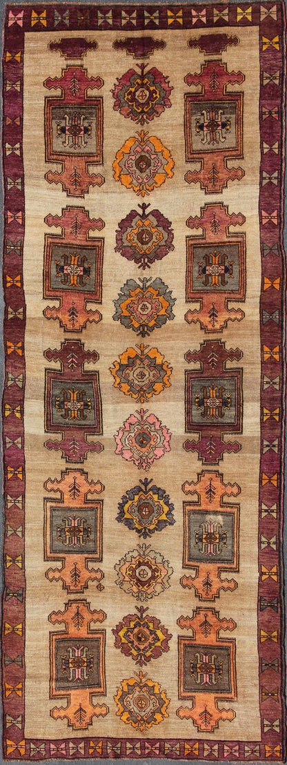 Vintage Turkish Oushak runner with all - over geometric design in tan, orange, pink, yellow, purple and gray, rug en - 508, country of origin / type: Turkey / Oushak, circa mid - 20th century This Turkish Oushak runner features an all - over pattern of ... - Keivan Woven ArtsEN - 508 - 4830Rug