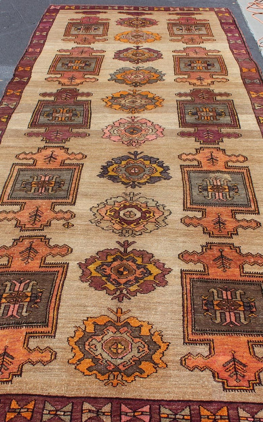 Vintage Turkish Oushak runner with all - over geometric design in tan, orange, pink, yellow, purple and gray, rug en - 508, country of origin / type: Turkey / Oushak, circa mid - 20th century This Turkish Oushak runner features an all - over pattern of ... - Keivan Woven ArtsEN - 508 - 4830Rug