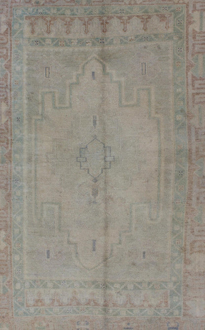 Pale Color Turkish Hand Knotted Oushak Rug With Geometric Motifs in Light Brown, Tan & Green Faded Vintage Turkish Oushak rug with geometric motifs in brown, tan taupe and green, Keivan Woven Arts / rug en - 515, country of origin / type: Turkey /... - Keivan Woven ArtsEN - 515 - 4834Rug