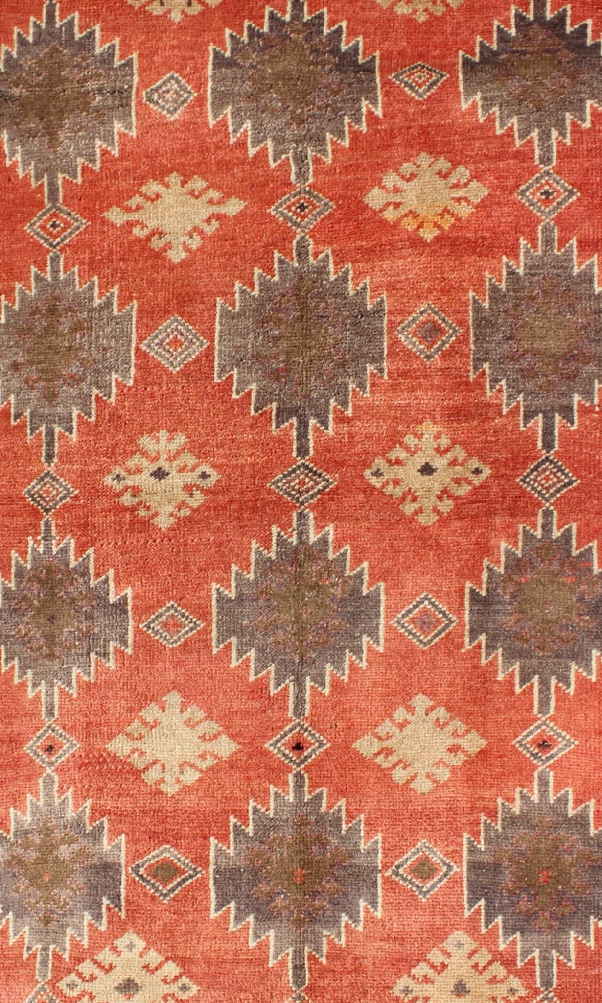 Turkish Oushak Tulu Rug with Geometric Medallions Measures: 3'2 x 5'6 Turkish Vintage Tulu Rug with Geometric Medallions in Orange, Butter, Gray and Brown Vintage Tulu Rug with Geometric Medallions, Tulu, Turkish Tulu, Geometric ... - Keivan Woven ArtsEN - 6061 - 4476Rug