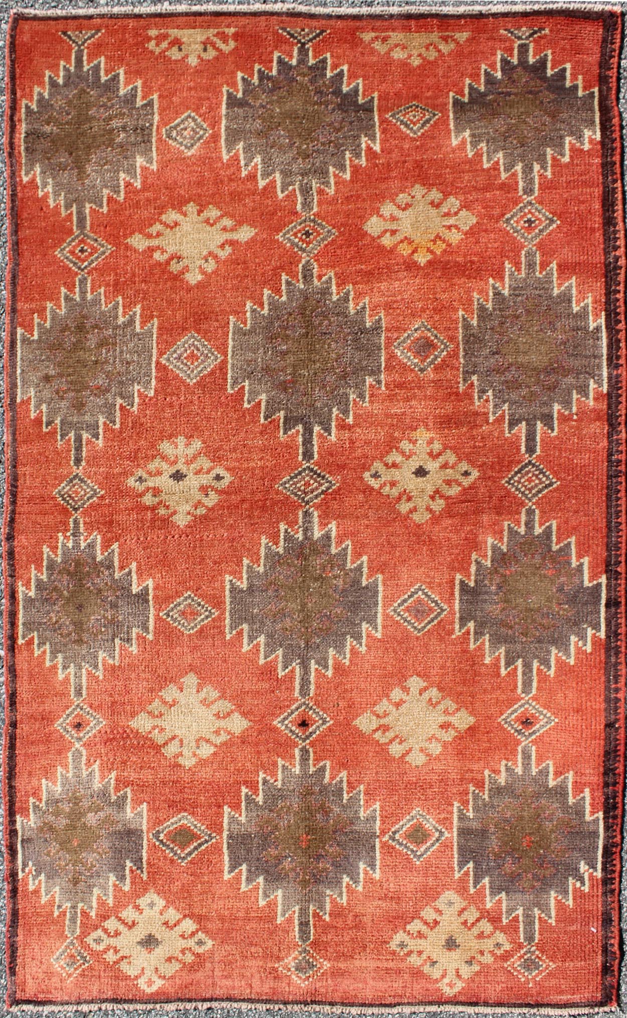 Turkish Oushak Tulu Rug with Geometric Medallions Measures: 3'2 x 5'6 Turkish Vintage Tulu Rug with Geometric Medallions in Orange, Butter, Gray and Brown Vintage Tulu Rug with Geometric Medallions, Tulu, Turkish Tulu, Geometric ... - Keivan Woven ArtsEN - 6061 - 4476Rug