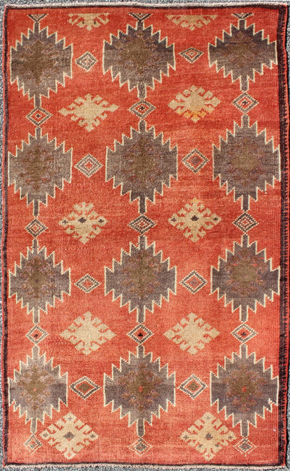 Turkish Oushak Tulu Rug with Geometric Medallions Measures: 3'2 x 5'6 Turkish Vintage Tulu Rug with Geometric Medallions in Orange, Butter, Gray and Brown Vintage Tulu Rug with Geometric Medallions, Tulu, Turkish Tulu, Geometric ... - Keivan Woven ArtsEN - 6061 - 4476Rug