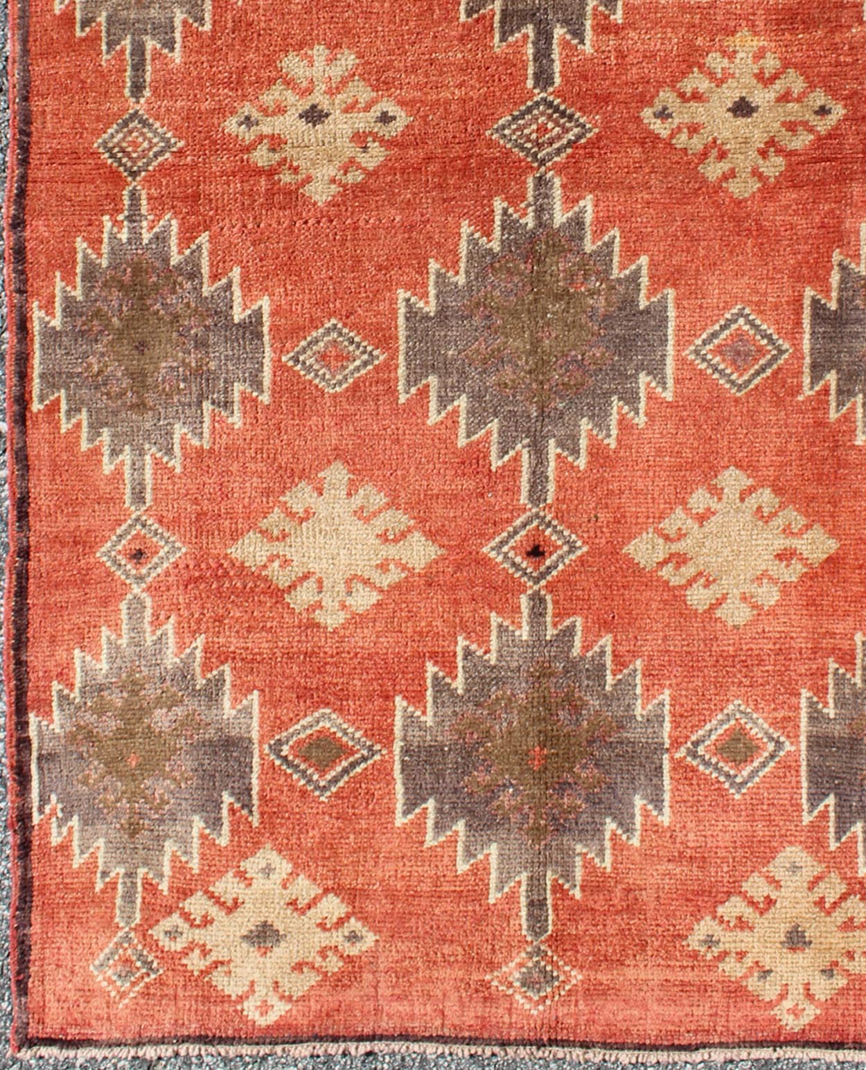 Turkish Oushak Tulu Rug with Geometric Medallions Measures: 3'2 x 5'6 Turkish Vintage Tulu Rug with Geometric Medallions in Orange, Butter, Gray and Brown Vintage Tulu Rug with Geometric Medallions, Tulu, Turkish Tulu, Geometric ... - Keivan Woven ArtsEN - 6061 - 4476Rug