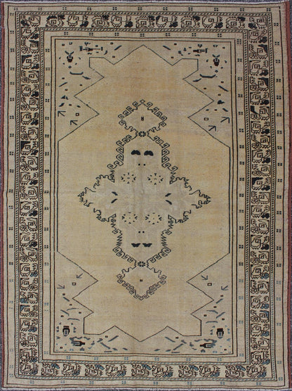 Keivan Woven Arts - Vintage Turkish Oushak Geometric Rug in Butter, Cream, Black, Taupe & Teal, Medallion design Vintage Turkish Oushak Geometric Rug in Butter, Cream, Black, Taupe & Teal , rug en - 615, country of origin / type: Turkey / Oushak, circa 194... - Keivan Woven ArtsEN - 615 - 4440Rug