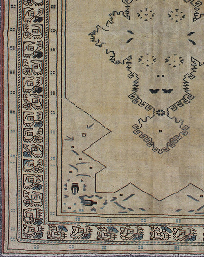 Keivan Woven Arts - Vintage Turkish Oushak Geometric Rug in Butter, Cream, Black, Taupe & Teal, Medallion design Vintage Turkish Oushak Geometric Rug in Butter, Cream, Black, Taupe & Teal , rug en - 615, country of origin / type: Turkey / Oushak, circa 194... - Keivan Woven ArtsEN - 615 - 4440Rug