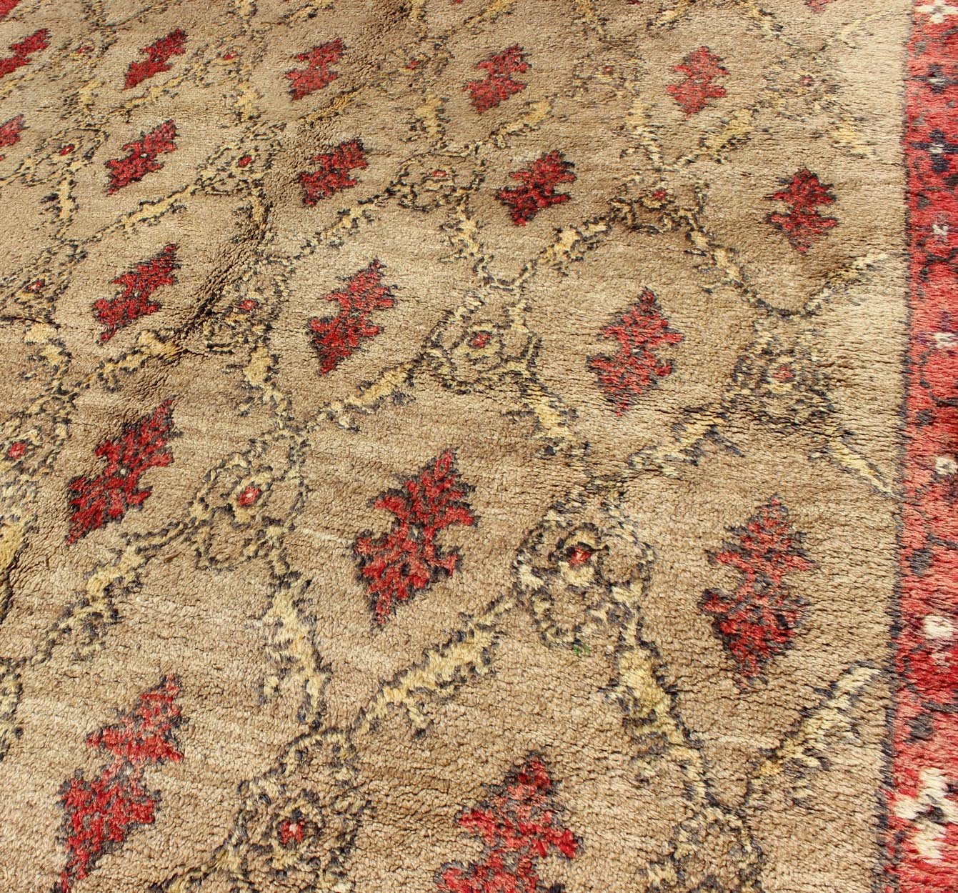 Mid Century Tulu Carpet in Sand color background. This mid century Tulu rug features repeating red motifs laid across a sand - colored field and enclosed within similarly - colored frames. Tulu rugs were woven in Konya area, in central Anato... - Keivan Woven ArtsEN - 623 - 4842Rug
