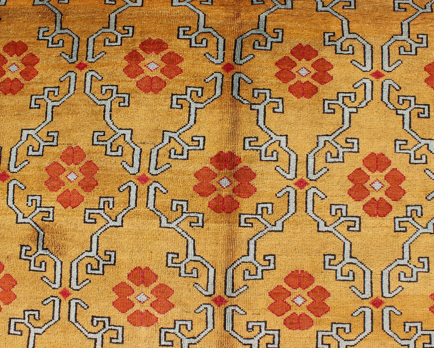 Vintage Turkish Rug with Modern Design in Bright Yellow, Tangerine and L. Blue Measures: 5' x 10'11 Vintage Turkish Rug with Modern Design in Bright Yellow, Tangerine and Blue This unique and modern Design Turkish vintage Rug is characte... - Keivan Woven ArtsEN - 626 - 4846Rug