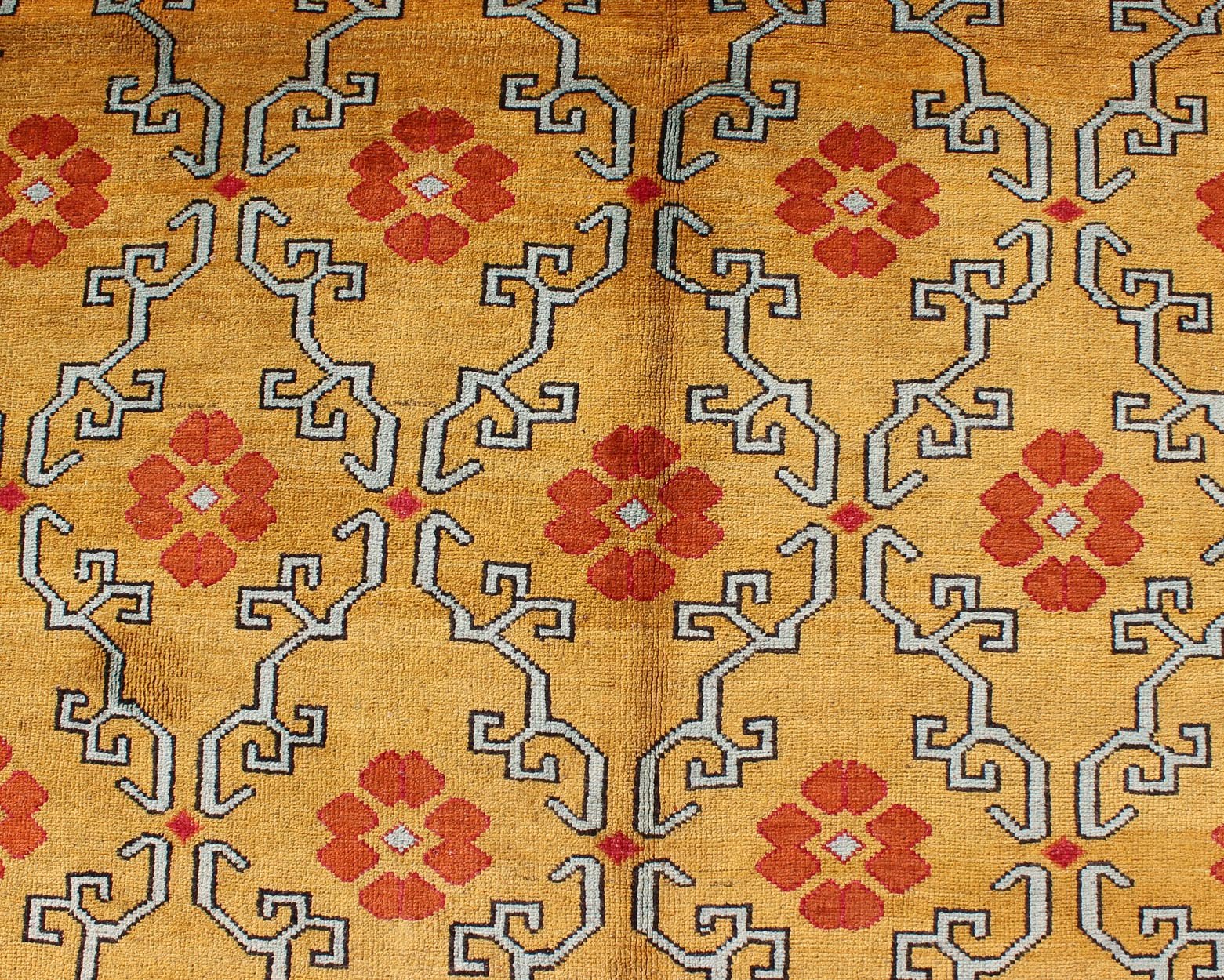 Vintage Turkish Rug with Modern Design in Bright Yellow, Tangerine and L. Blue Measures: 5' x 10'11 Vintage Turkish Rug with Modern Design in Bright Yellow, Tangerine and Blue This unique and modern Design Turkish vintage Rug is characte... - Keivan Woven ArtsEN - 626 - 4846Rug