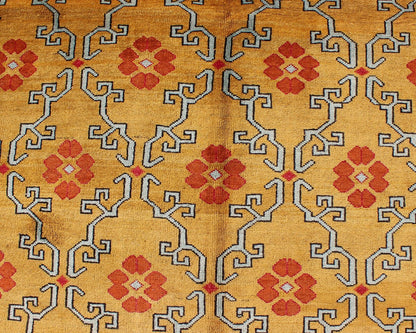 Vintage Turkish Rug with Modern Design in Bright Yellow, Tangerine and L. Blue Measures: 5' x 10'11 Vintage Turkish Rug with Modern Design in Bright Yellow, Tangerine and Blue This unique and modern Design Turkish vintage Rug is characte... - Keivan Woven ArtsEN - 626 - 4846Rug