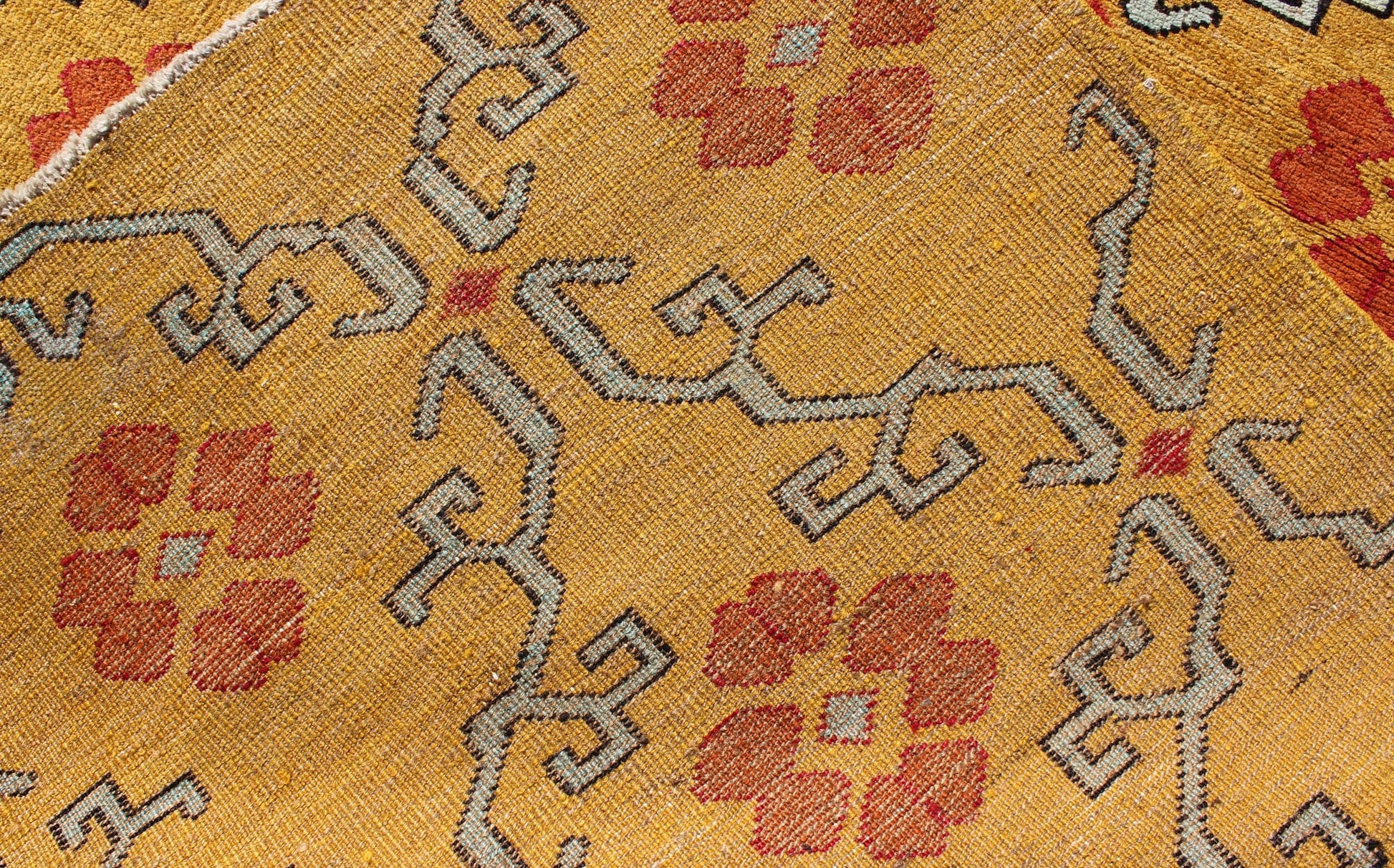 Vintage Turkish Rug with Modern Design in Bright Yellow, Tangerine and L. Blue Measures: 5' x 10'11 Vintage Turkish Rug with Modern Design in Bright Yellow, Tangerine and Blue This unique and modern Design Turkish vintage Rug is characte... - Keivan Woven ArtsEN - 626 - 4846Rug