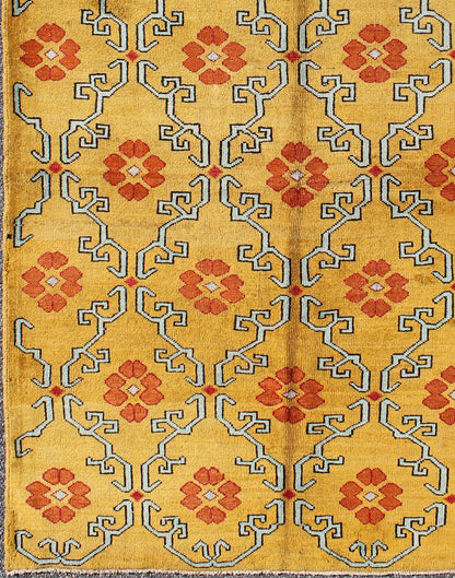 Vintage Turkish Rug with Modern Design in Bright Yellow, Tangerine and L. Blue Measures: 5' x 10'11 Vintage Turkish Rug with Modern Design in Bright Yellow, Tangerine and Blue This unique and modern Design Turkish vintage Rug is characte... - Keivan Woven ArtsEN - 626 - 4846Rug