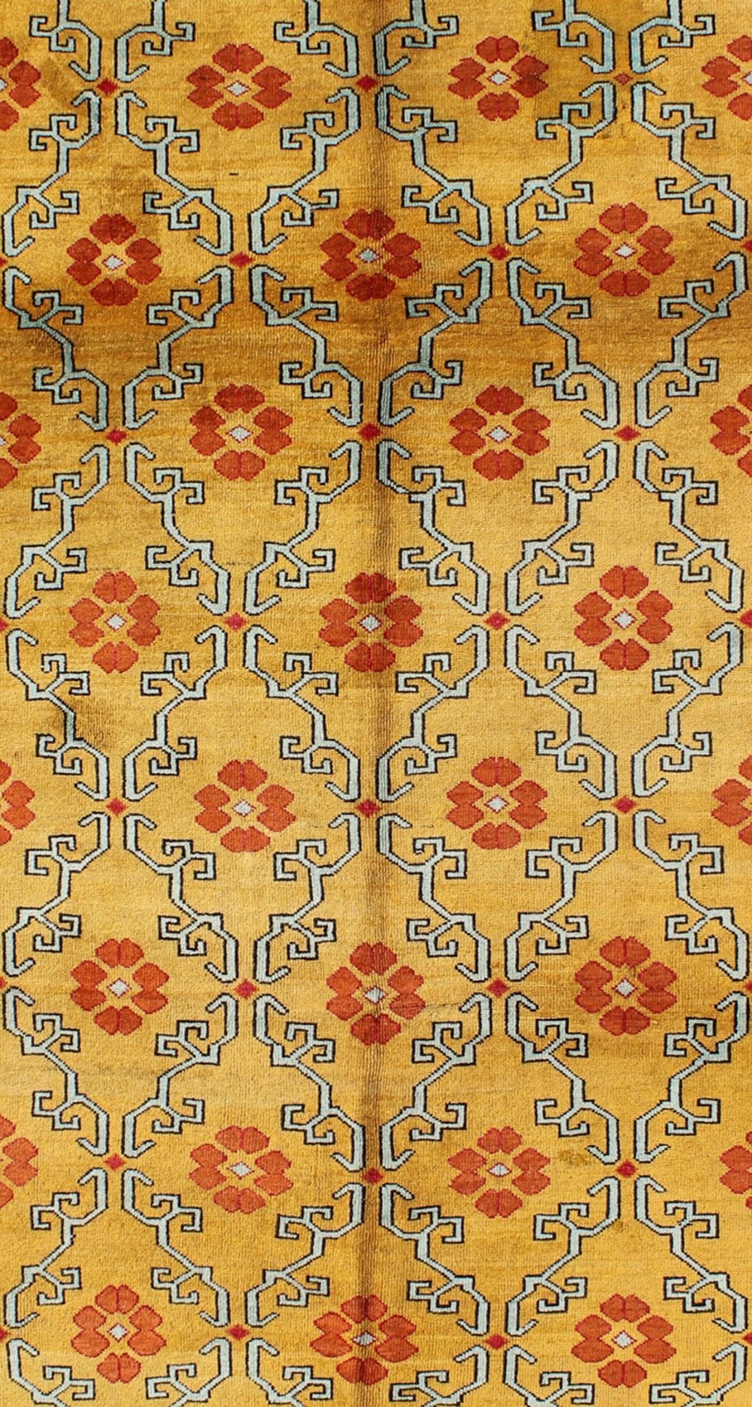 Vintage Turkish Rug with Modern Design in Bright Yellow, Tangerine and L. Blue Measures: 5' x 10'11 Vintage Turkish Rug with Modern Design in Bright Yellow, Tangerine and Blue This unique and modern Design Turkish vintage Rug is characte... - Keivan Woven ArtsEN - 626 - 4846Rug