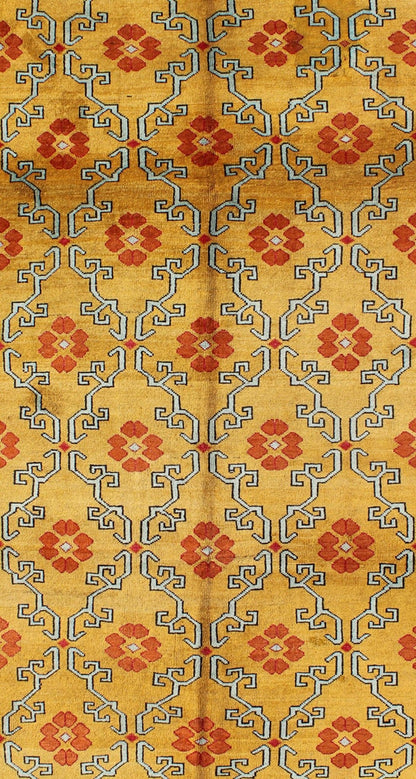 Vintage Turkish Rug with Modern Design in Bright Yellow, Tangerine and L. Blue Measures: 5' x 10'11 Vintage Turkish Rug with Modern Design in Bright Yellow, Tangerine and Blue This unique and modern Design Turkish vintage Rug is characte... - Keivan Woven ArtsEN - 626 - 4846Rug