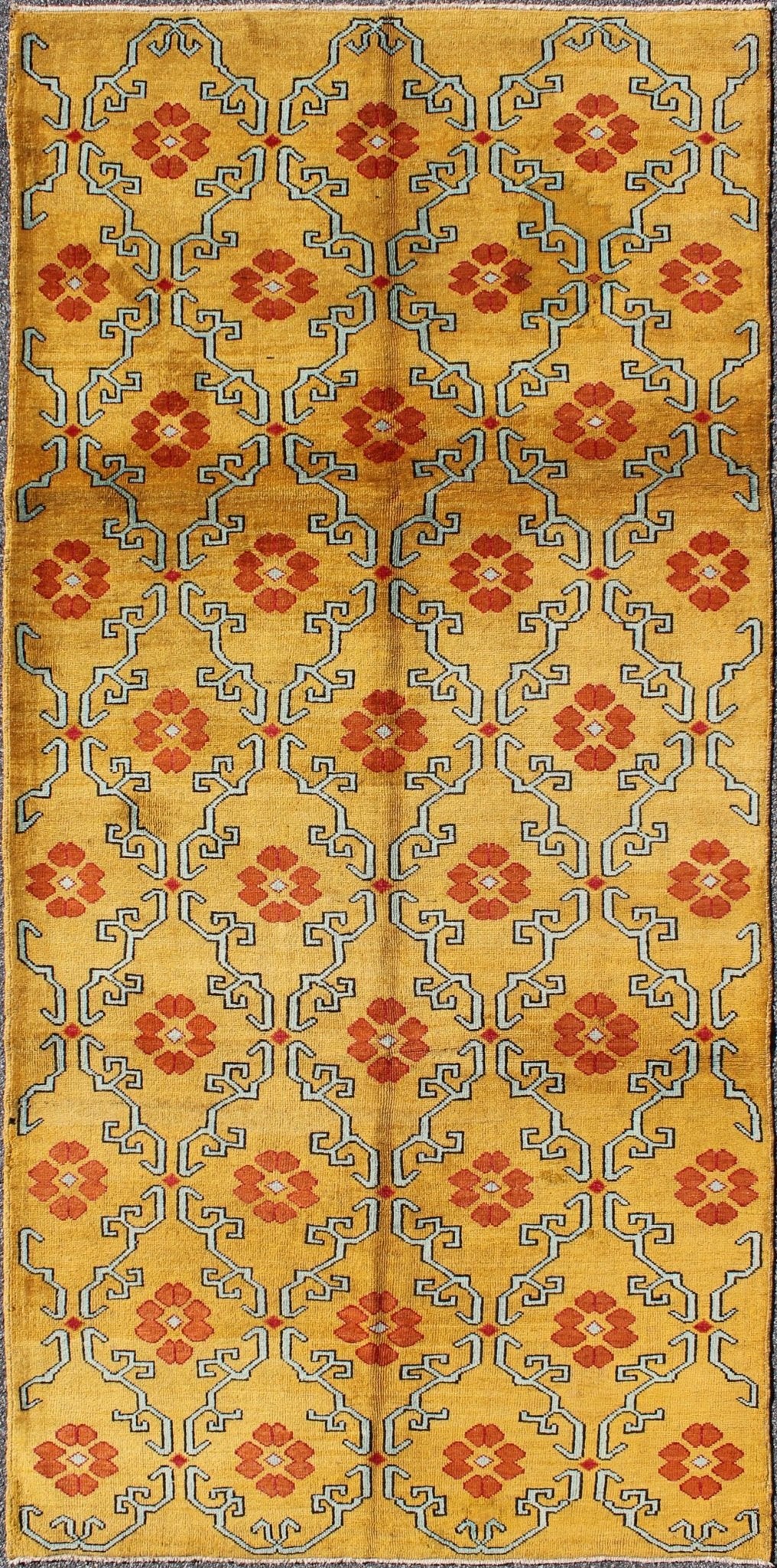 Vintage Turkish Rug with Modern Design in Bright Yellow, Tangerine and L. Blue Measures: 5' x 10'11 Vintage Turkish Rug with Modern Design in Bright Yellow, Tangerine and Blue This unique and modern Design Turkish vintage Rug is characte... - Keivan Woven ArtsEN - 626 - 4846Rug