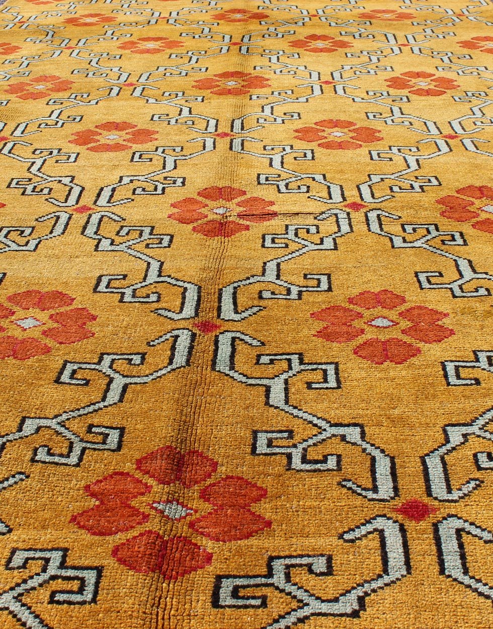 Vintage Turkish Rug with Modern Design in Bright Yellow, Tangerine and L. Blue Measures: 5' x 10'11 Vintage Turkish Rug with Modern Design in Bright Yellow, Tangerine and Blue This unique and modern Design Turkish vintage Rug is characte... - Keivan Woven ArtsEN - 626 - 4846Rug