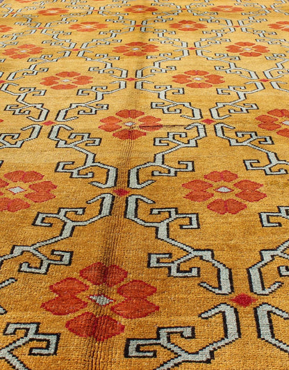 Vintage Turkish Rug with Modern Design in Bright Yellow, Tangerine and L. Blue Measures: 5' x 10'11 Vintage Turkish Rug with Modern Design in Bright Yellow, Tangerine and Blue This unique and modern Design Turkish vintage Rug is characte... - Keivan Woven ArtsEN - 626 - 4846Rug