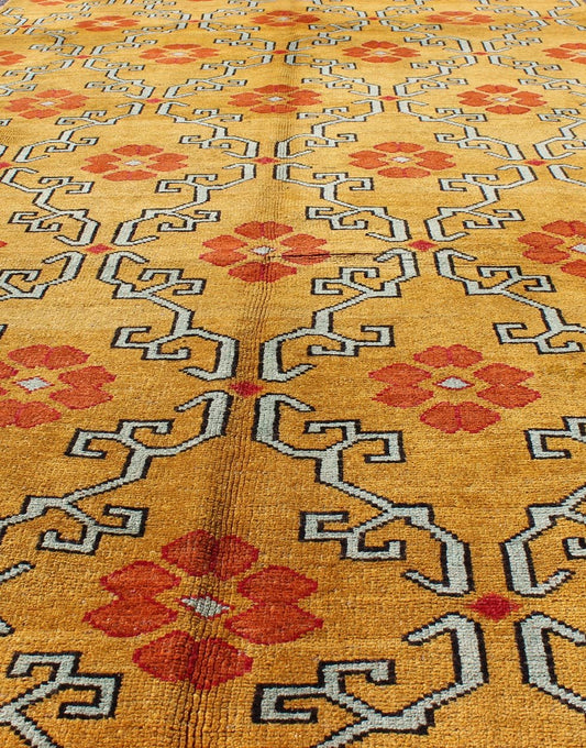 Vintage Turkish Rug with Modern Design in Bright Yellow, Tangerine and L. Blue Measures: 5' x 10'11 Vintage Turkish Rug with Modern Design in Bright Yellow, Tangerine and Blue This unique and modern Design Turkish vintage Rug is characte... - Keivan Woven ArtsEN - 626 - 4846Rug