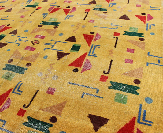 Mid - Century Modern Turkish Rug, Vintage Modern Design Carpet in Yellow Color. This finely composed Mid - Century Modern rug features a symmetric geometric design with various shapes, composed in vivid shades of yellow, red, green, blue and brown, ... - Keivan Woven ArtsEN - 627 - 4852Rug