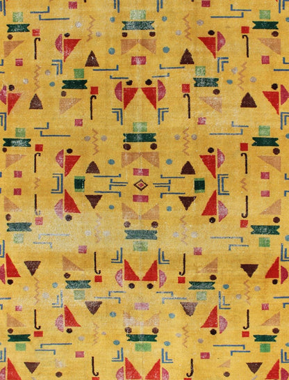 Mid - Century Modern Turkish Rug, Vintage Modern Design Carpet in Yellow Color. This finely composed Mid - Century Modern rug features a symmetric geometric design with various shapes, composed in vivid shades of yellow, red, green, blue and brown, ... - Keivan Woven ArtsEN - 627 - 4852Rug