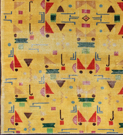 Mid - Century Modern Turkish Rug, Vintage Modern Design Carpet in Yellow Color. This finely composed Mid - Century Modern rug features a symmetric geometric design with various shapes, composed in vivid shades of yellow, red, green, blue and brown, ... - Keivan Woven ArtsEN - 627 - 4852Rug