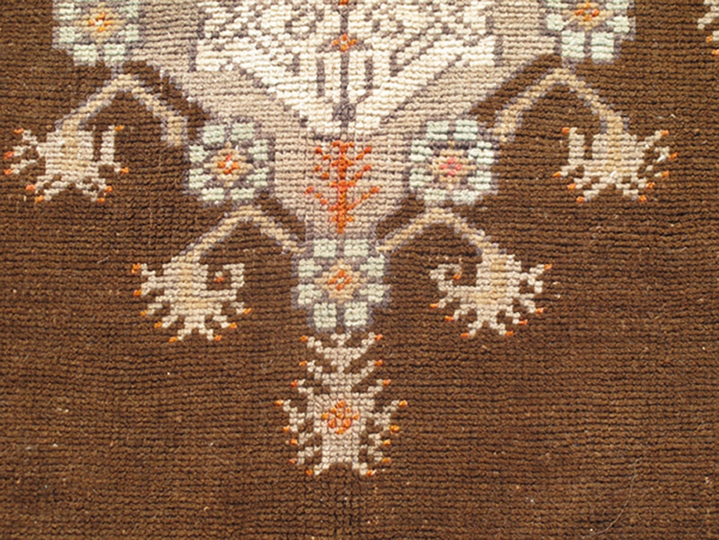 Vintage Turkish Medallion Oushak in Brown, Taupe, Gray, silver and Orange Measures: 5'1 x 8'10 This Turkish Oushak features a chocolate - brown background with a light gray and taupe border. The vibrant pop of orange color balances beautifu... - Keivan Woven ArtsEN - 6301 - 3824Rug